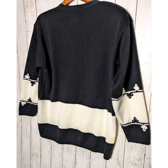 Vintage Worthington Black White Knit Sweater Size Large Fleur Trim Cozy Winter - Picture 3 of 8